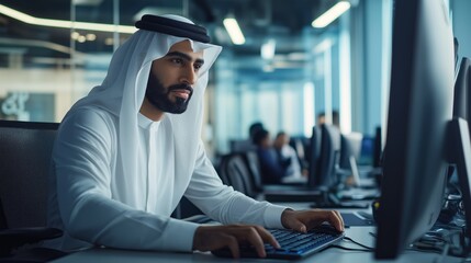 Poster - In a vibrant office filled with natural light, a smart Middle Eastern man concentrates on his computer screen