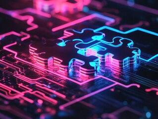 Poster - A vibrant digital puzzle piece illuminated in neon colors, set against a complex circuit board backdrop, symbolizing technology integration