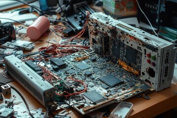 Poster - Complex electronic circuit board with integrated chips and wiring, representing technology and engineering, amidst scattered components, on a wooden surface.