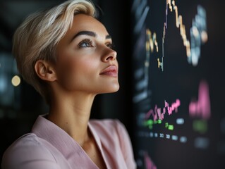 Poster - In the corporate world, analyzing business trends is facilitated by modern digital dashboards that provide a back view of data visualization in an office setting