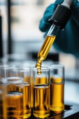 Poster - A scientist using a pipette to transfer golden liquid into test tubes in a modern laboratory, with blurred equipment in the background