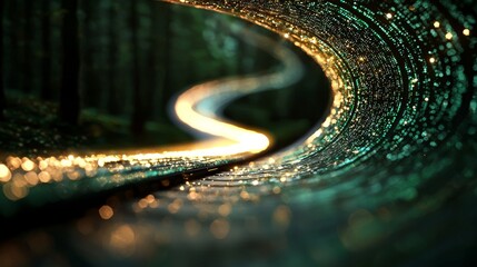 Poster - An abstract digital depiction of a blue and green grid is shown moving quickly through space and time in a futuristic nighttime setting