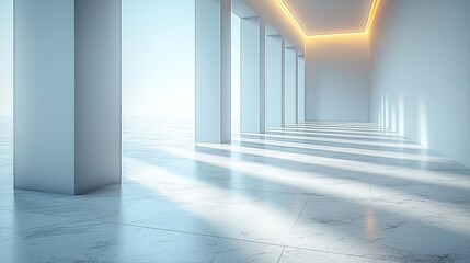 Fototapete - Empty white room with light and shadow, corner wall, minimalist style, large space, diagonal composition, neutral tones, geometric shapes, modern architecture.