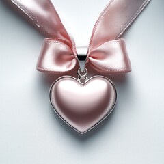 Poster - A silver heart charm with a satin pink bow. isolated on white background.