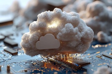 Poster - Cloud computing innovation and technology advancements are symbolized by a digital cloud enveloped in binary code