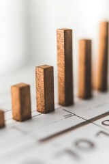Poster - Close-up view of wooden bar graphs representing growth on a financial chart, with a blurred background emphasizing data analysis