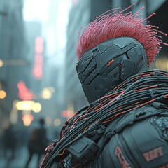 A 3D illustration shows a metallic male humanoid cyborg from a science fiction setting, characterized by his mohawk hairstyle