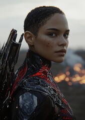 Poster - a sci-fi assassin finishes her mission and shifts focus to her next target, a 3d rendering scene
