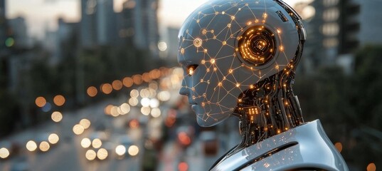 Poster - a caucasian male cyborg utilizing a digital network connection is depicted in a 3d rendering