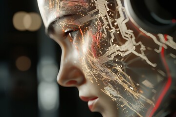 Poster - the image depicts a humanoid head from a side view, with striking blue and yellow eyes and a dynamic