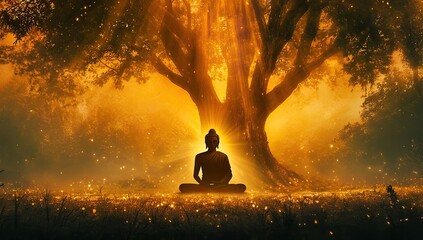 Wall Mural - A silhouette of Buddha meditating under the bodhi tree, with rays emanating from his body