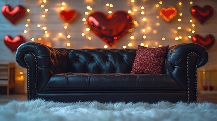 Poster - Cozy interior background, Valentine's Day atmosphere, an empty black leather sofa in the foreground, a blurred background, golden lights, red heart lights, dim.