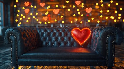 Poster - Cozy interior background, Valentine's Day atmosphere, an empty black leather sofa in the foreground, a blurred background, golden lights, red heart lights, dim.