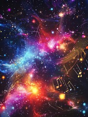 Poster - Cosmic symphony of colors and musical notes swirling through a vibrant galaxy during a starry night. Generative AI