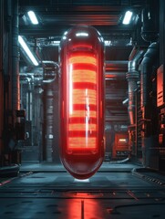 Poster - generative ai illustration of futuristic red capsule with illuminated segments in a high-tech indust
