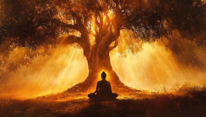 Wall Mural - A silhouette of Buddha meditating under the bodhi tree, with rays emanating from his body