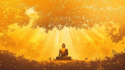 Wall Mural - A silhouette of Buddha meditating under the bodhi tree, with rays emanating from his body