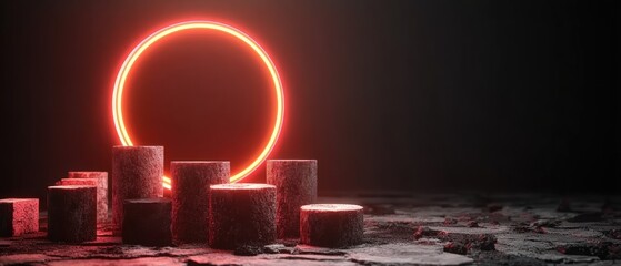Poster - Glowing ring on cylinder platform surrounded by candles with red neon circle background