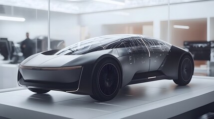 Poster - Detailed view of a cutting edge electric vehicle concept with a holographic design system  This innovative and futuristic automobile showcases sleek aerodynamic styling a minimalist digital cockpit