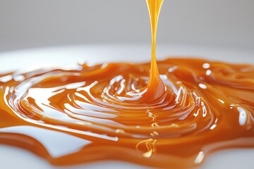Poster - A delicious and smooth caramel pouring, creating a beautiful and appetizing swirl, with shiny texture and warm, inviting golden brown color.