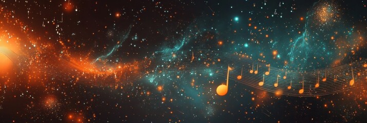 Poster - Cosmic melody forms a vibrant tapestry of notes and stardust in a celestial expanse. Generative AI