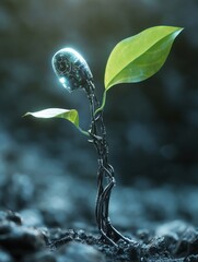 Poster - the sprout of a young plant grows under the supervision of artificial intelligence.