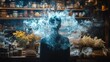 © Design By Reiga - Person shrouded in smoke, herbal shop, mysterious atmosphere, contemplative mood, stock photo