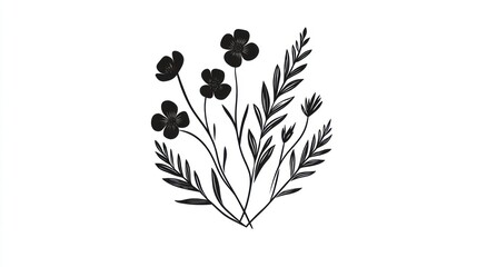 Wall Mural - Simple black floral bouquet illustration, white background, design element