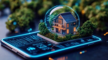 Poster - Smartphone displaying smart home technology with a house model positioned on top of the device