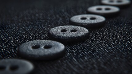 Dramatic shot of a row of shiny metallic buttons aligned on a dark fabric showcasing a minimalistic and luxurious aesthetic with deep contrast and dramatic lighting leaving space for text overlay