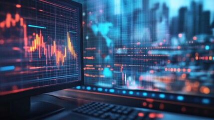 Poster - close up of workspace with computer monitor and abstract glowing business chart on blurry grid backg