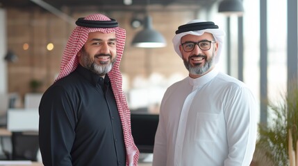 Poster - Two international operations managers proudly represent their teams in a bright, contemporary office space, discussing innovative strategies and solutions during their important meeting