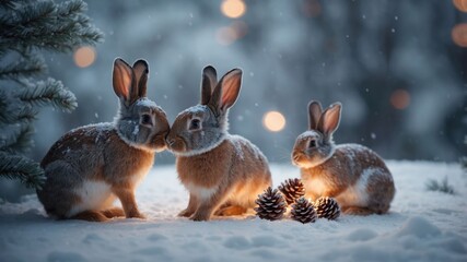 Canvas Print - Three rabbits in a snowy landscape, surrounded by pinecones and soft glowing lights.