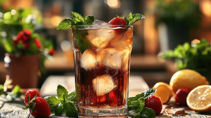Poster - Classic ice Tea with condensation on the glass on table in the morning.
