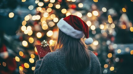 Wall Mural - woman wearing santa hat holding merry christmas card vintage film photo holiday greeting photograph 