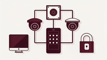 Poster - A digital illustration showing a security system with cameras, a control panel, a computer, and a padlock, emphasizing home security technology.