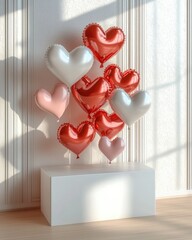 Poster - A minimalist white rectangular box, smooth and sleek, hovering magnetically above a cluster of giant inflatable hearts in red, pink, and ivory tones. The glossy surface of the hearts reflect sunlight.