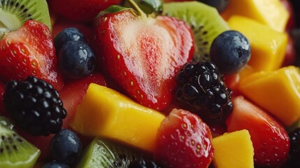 Wall Mural - Close-up vibrant fruit salad, summer mix, healthy food, delicious dessert, background blurred