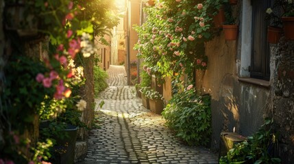  Charming sunlit cobblestone alley lined with colorful flowers, rustic shutters, and warm golden light creating a serene and picturesque atmosphere.