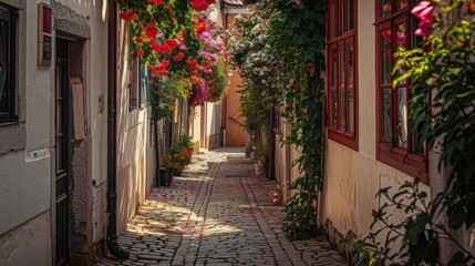  Charming sunlit cobblestone alley lined with colorful flowers, rustic shutters, and warm golden light creating a serene and picturesque atmosphere.
