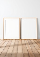 Two minimal frame placed on wooden floor wall art mockup interior wall frame mockup art home empty modern decoration poster