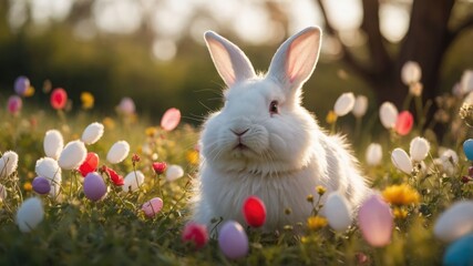 Wall Mural - A fluffy white rabbit surrounded by colorful Easter eggs in a vibrant field.