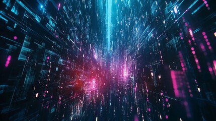 Poster - Abstract Digital Data Stream Futuristic Technology Background Pink Blue Neon Glow Digital Art Modern Network Cityscape Graphic Design Illustration    