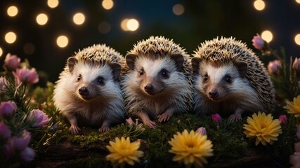 Wall Mural - Three adorable hedgehogs surrounded by flowers and soft lights.