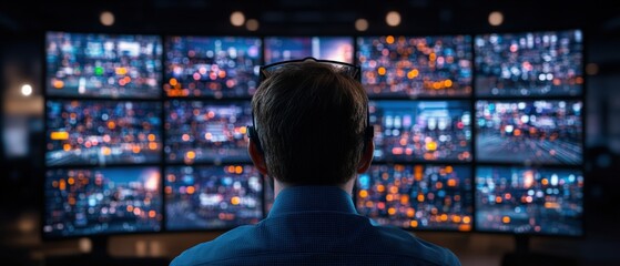 Poster - Man observing multiple television screens in a modern security control room environment