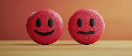 Poster - Red eggs with painted faces alongside 3d emoji smileys expressing happy and sad emotions
