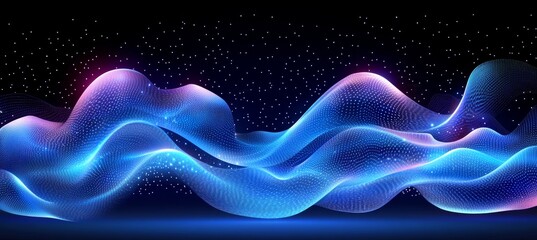 Poster - Abstract Flowing Wave With Glowing Particles On A Dark Background, Digital Art Illustration