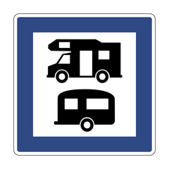 Road sign for caravan and trailer camping. Indicates a place intended for parking caravans. Parking for motorhomes.