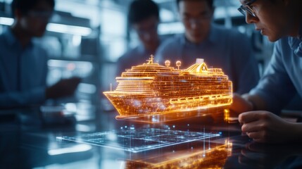 Poster - Woman examining cruise ship model with engineers and designers discussing holographic technology in the background
