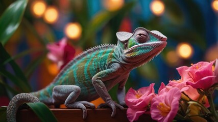 Wall Mural - A colorful chameleon perched among vibrant flowers, showcasing its unique coloration and textures.